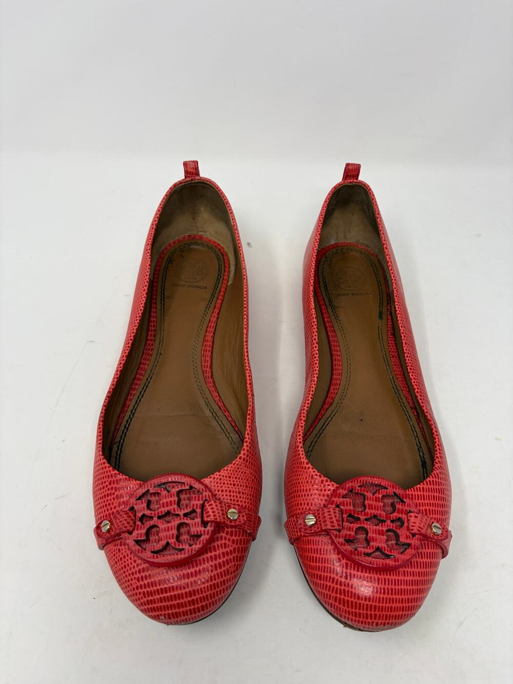 Tory Burch Mini Miller ballet flats 10 coral pink embossed logo round toe